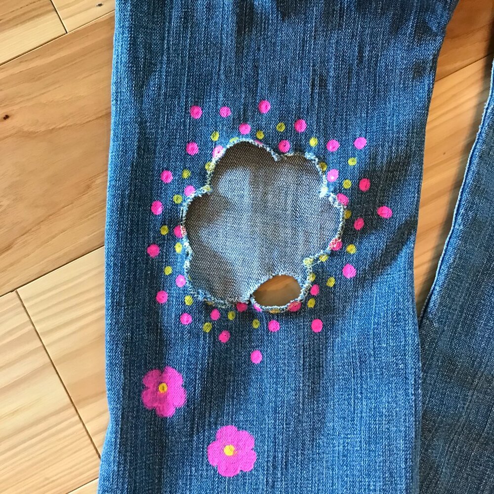 Upcycled Flower Cut-Out Jeans, Holey Distressed Funky Pants 10 Short - Picture 6 of 15